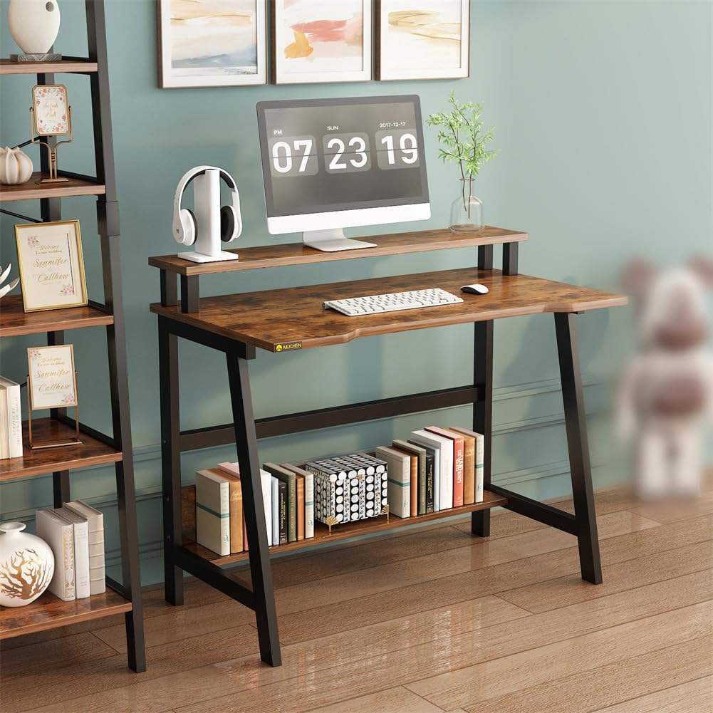 Escritorio para computadora Garvee marrón 80x50 cm con soporte de monitor elevado y estante inferior