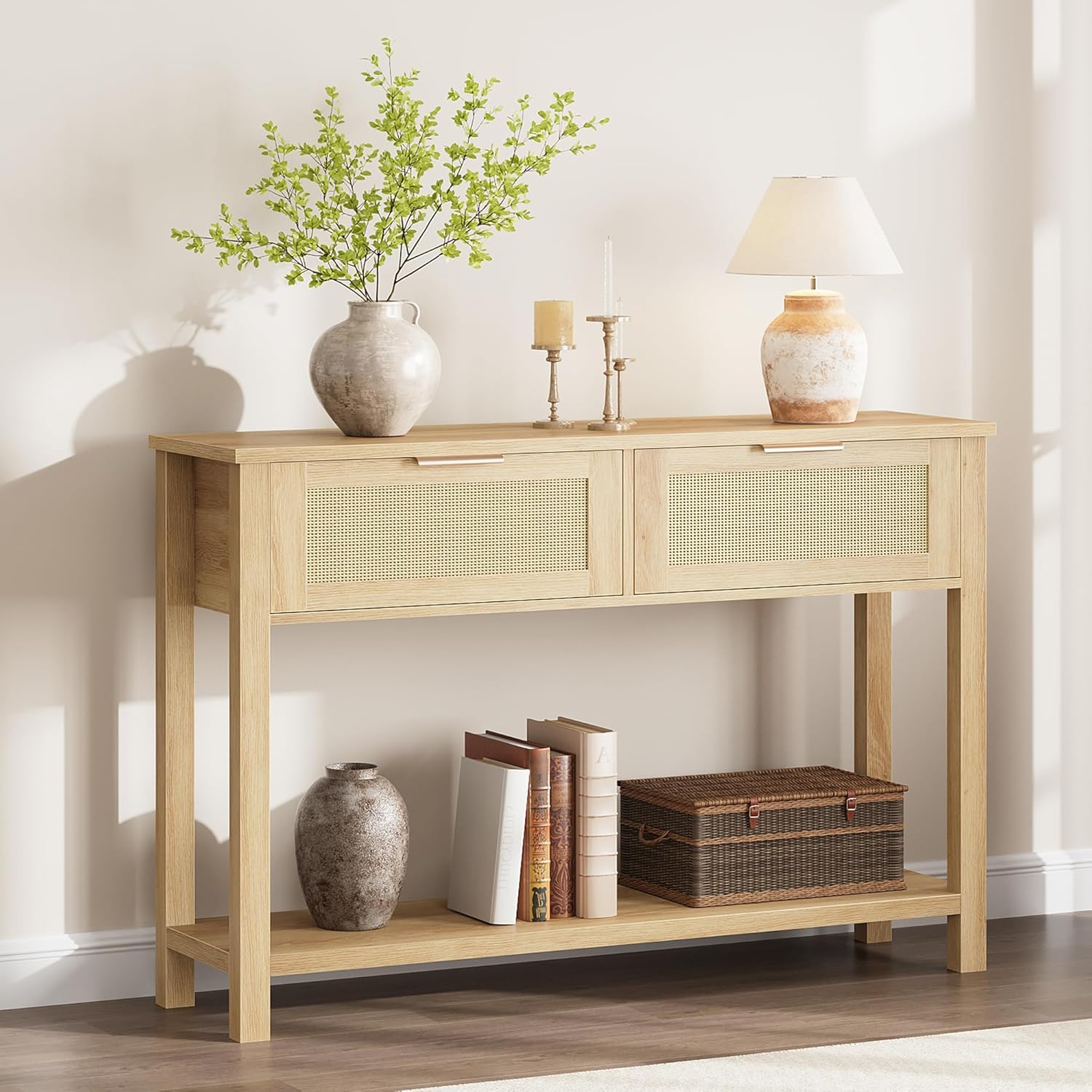 Mesa consola boho Garvee de ratán madera natural con 2 cajones y 2 niveles para entrada