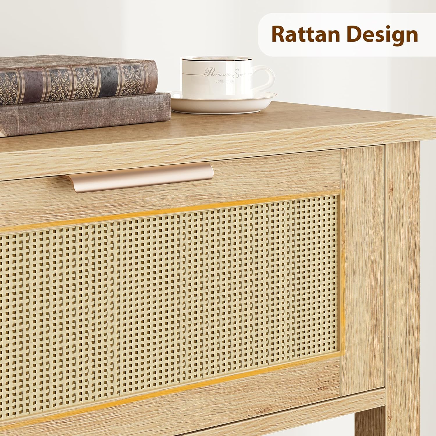 Ratán auténtico tejido a mano y madera de ingeniería de la consola boho Garvee